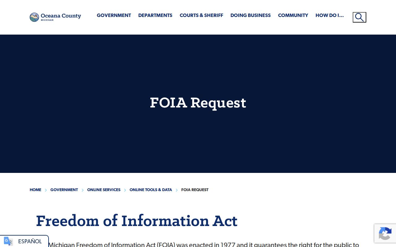 Oceana County FOIA request page used for warrant search records