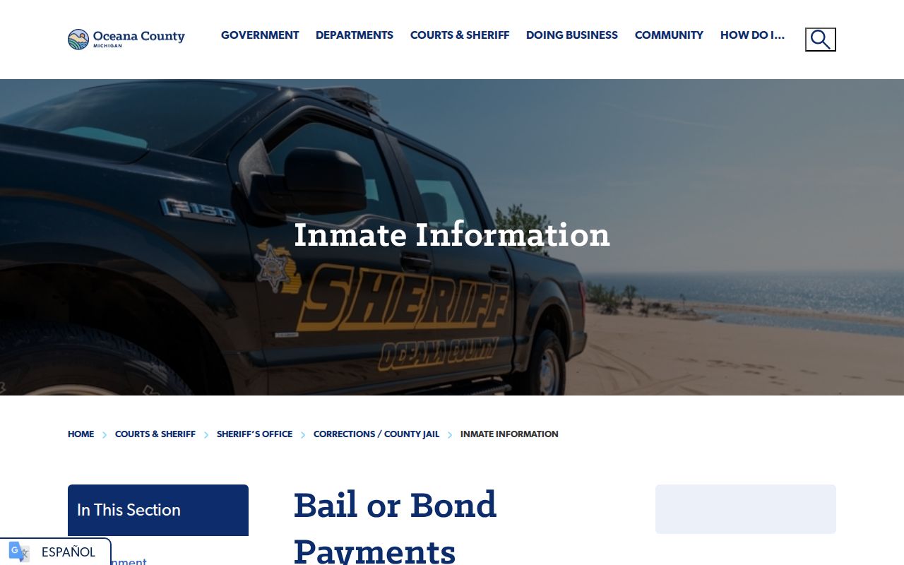 Oceana County official bond payment page for arrest warrant records