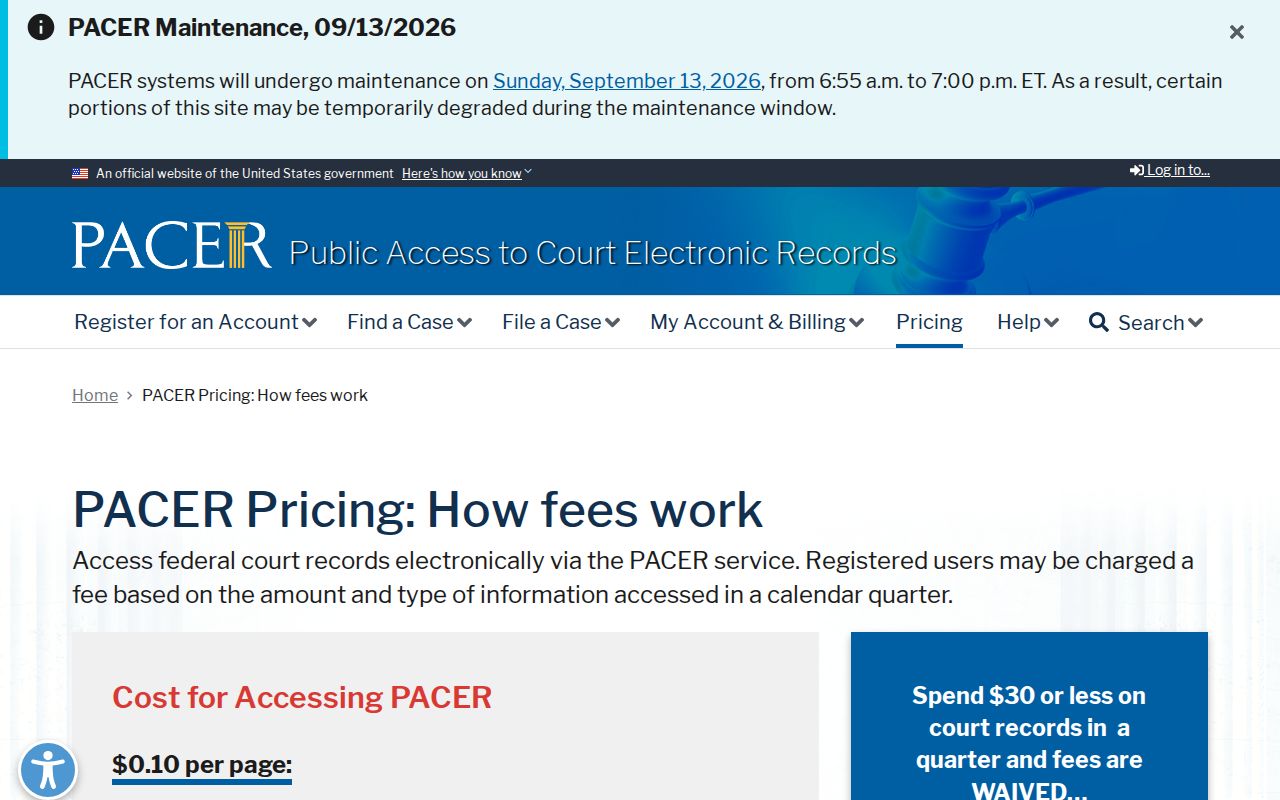 Federal court records fee page related to Oceana County most wanted searches