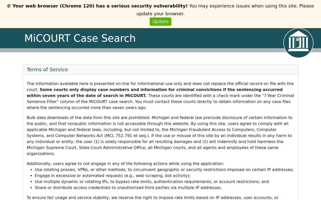 Michigan public case search used for Oceana County warrant search